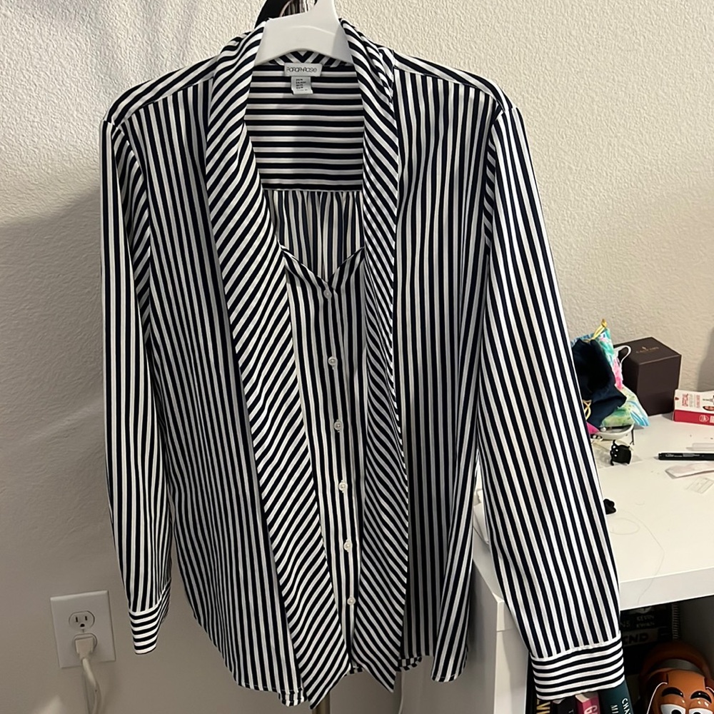 Long Sleeve Pinstripe Blouse with Necktie Detail in Medium